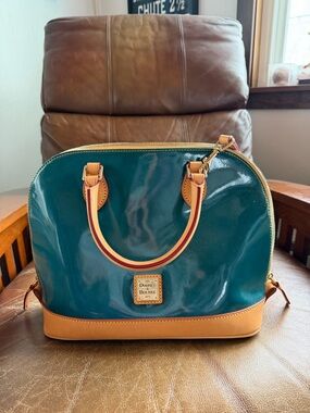 Dooney & Bourke Teal Patent Dome Satchel with Tan Trim